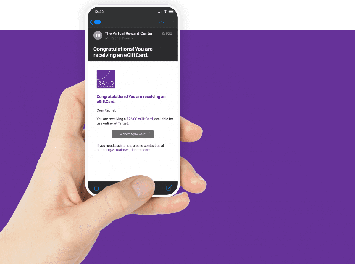 Virtual Incentives egift card email example