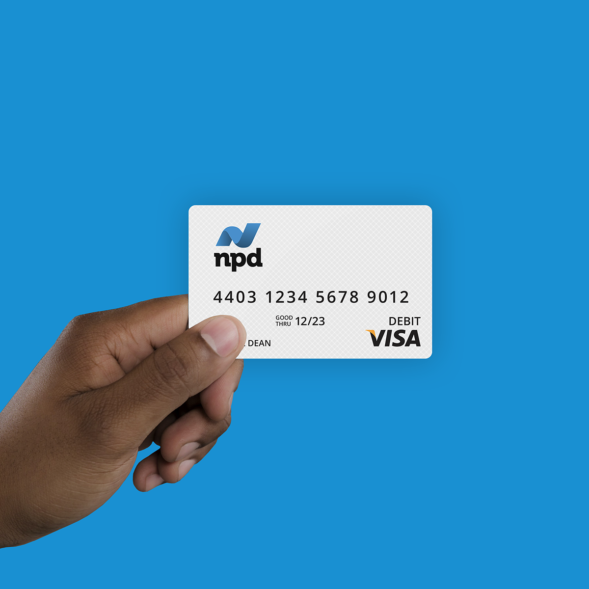 hand holding npd branded visa reward card