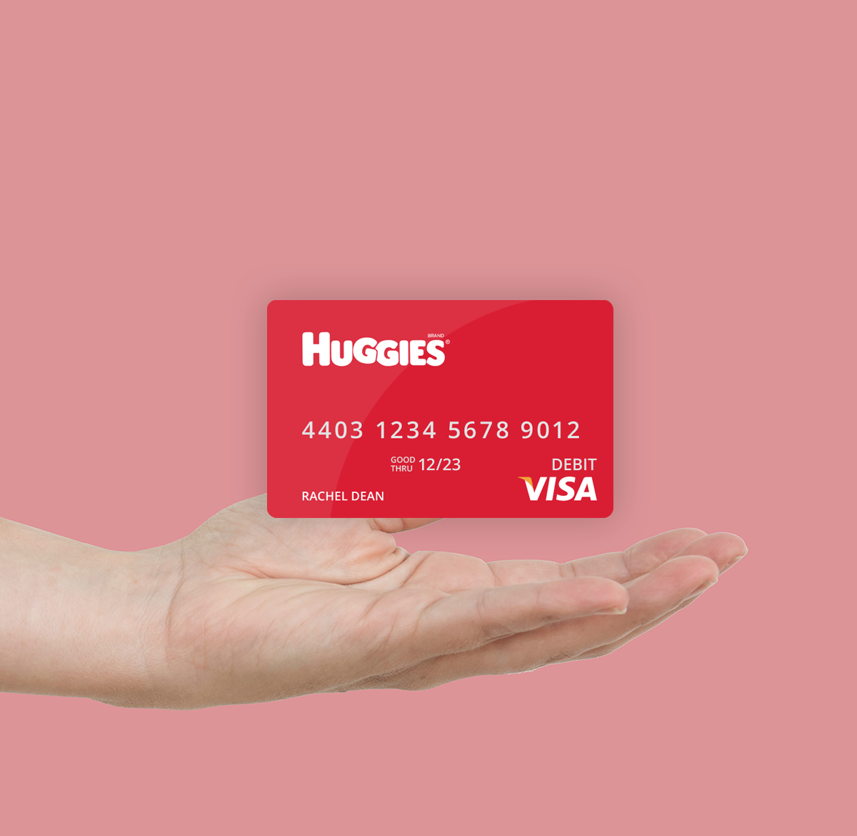 hand holding huggies branded virtual visa card