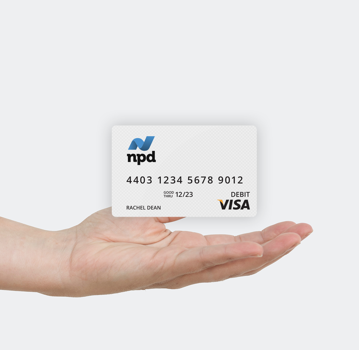 hand holding npd branded visa reward card