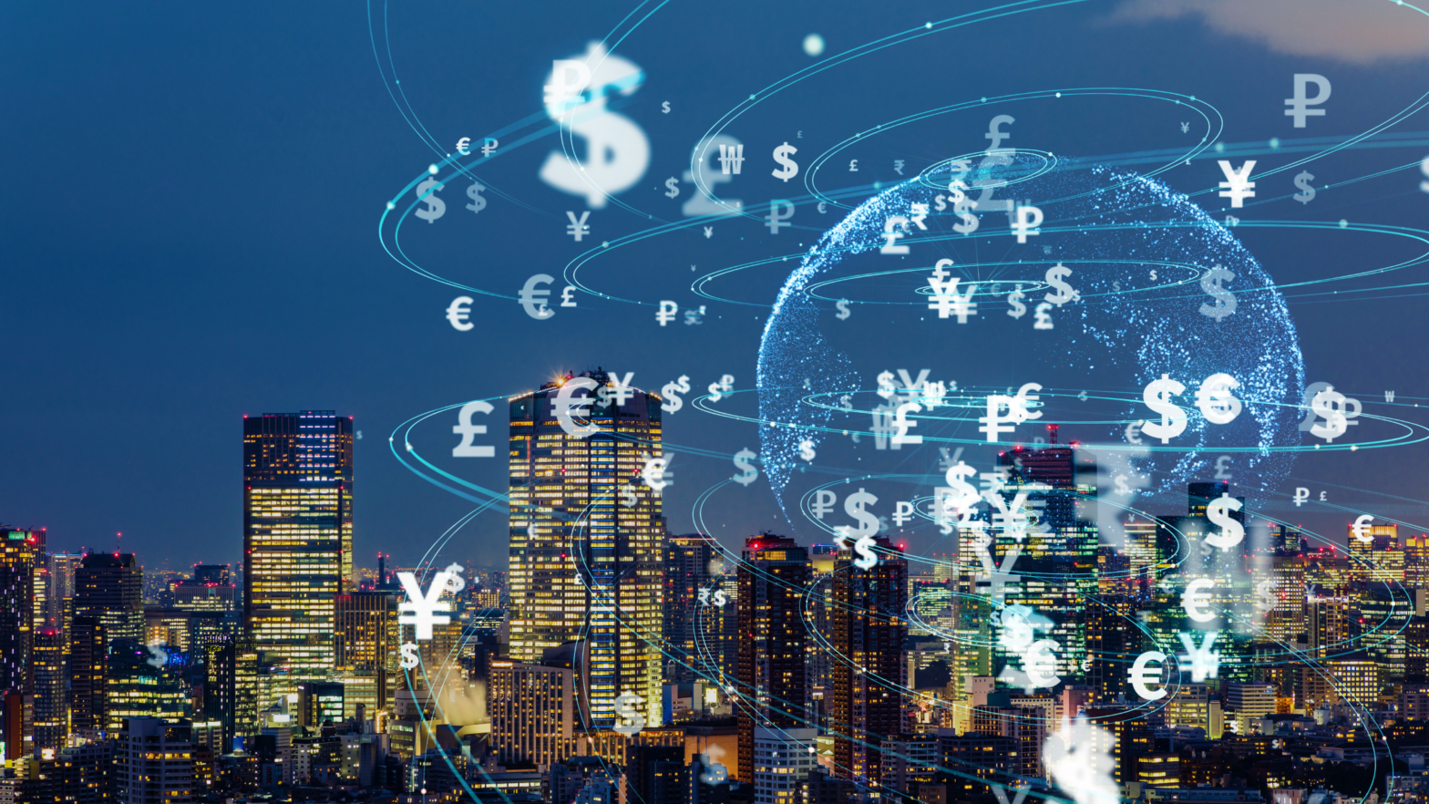 cityscape with currency symbols rotating around a circle