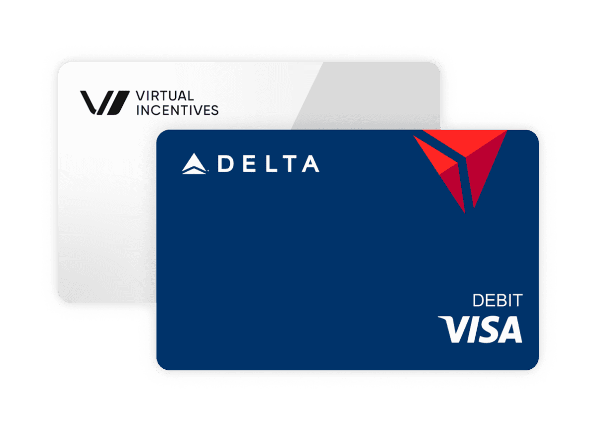 An image of two Credit cards: The card in the back is a Virtual Incentives branded card featuring a white and grey graphic background. The card in the front is a blue Delta Visa Debit Card with the Delta red logo in the upper right.