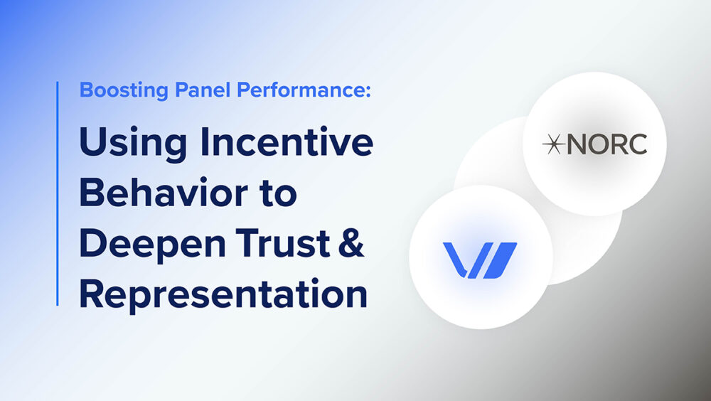 Graphic with the headline ‘Boosting Panel Performance: Using Incentive Behavior to Deepen Trust & Representation’ alongside the NORC and Virtual Incentives logos on a light gradient background.