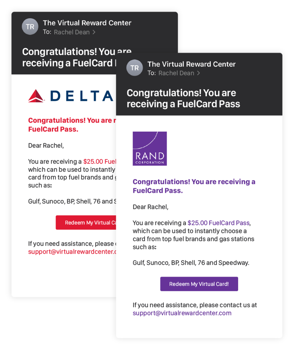 Screen captures of emails from brands informing a user their Fuel Card Pass reward is ready to redeem.