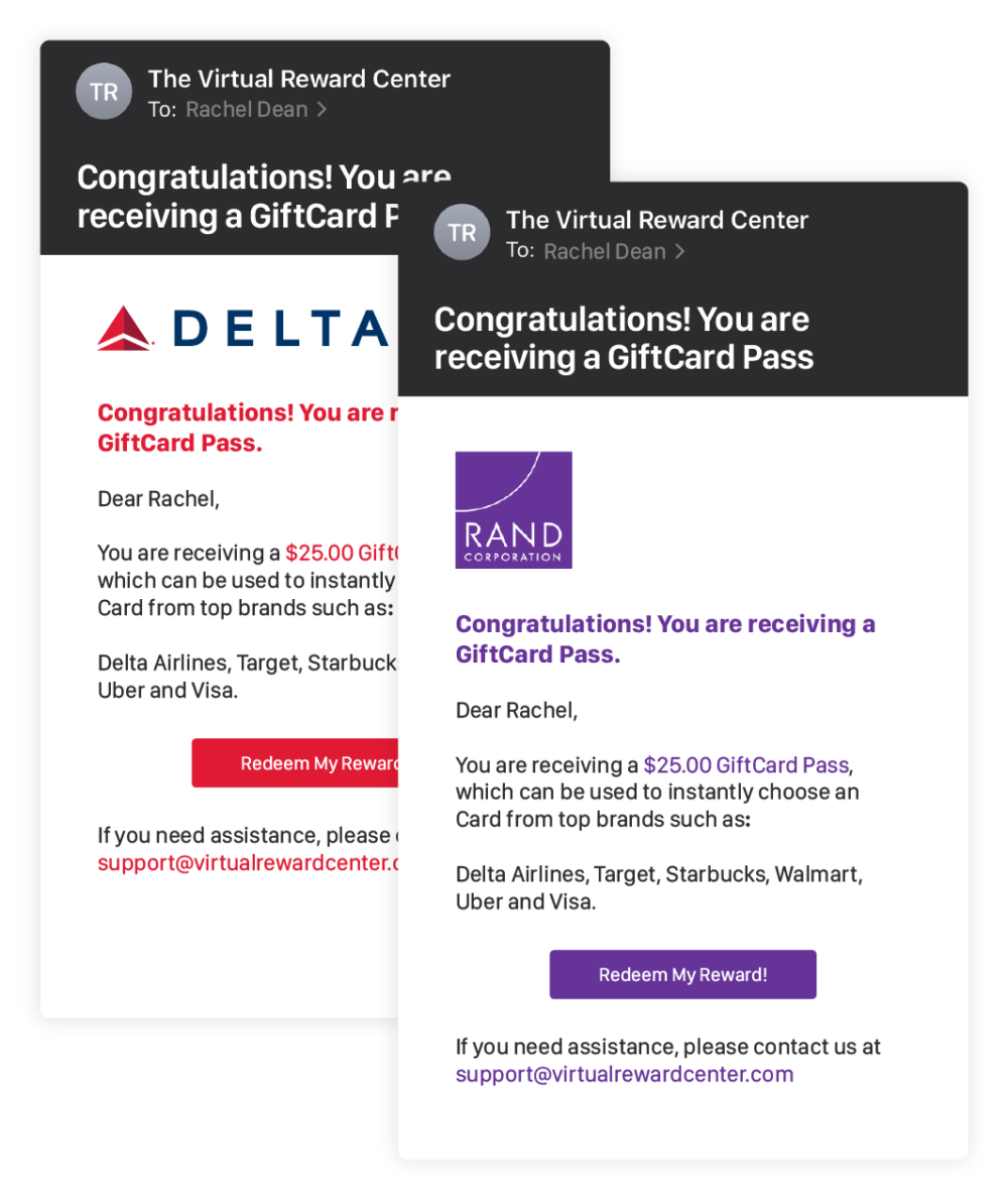 Screen captures of emails from brands informing a user their Gift Card Pass reward is ready to redeem.